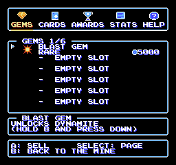 The pause screen's GEMS page with a Blast gem