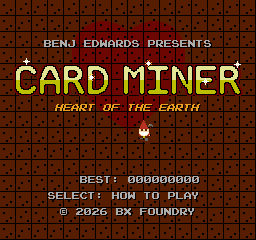 The title screen: CARD MINER, HEART OF THE EARTH, a gnome miner with a pickaxe, a red heart behind the letters