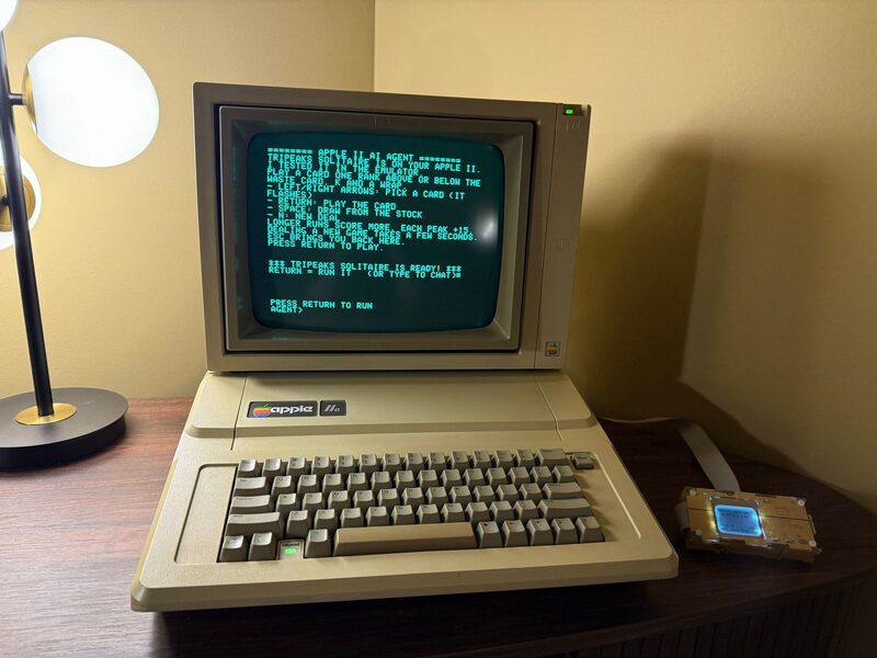 Apple II Agent running on an Apple IIe, with TriPeaks Solitaire ready to run