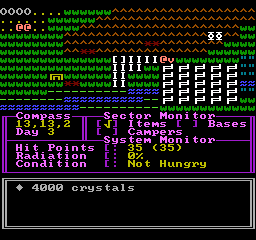 The wasteland as an ASCII map over the Compass, Sector Monitor and System Monitor
