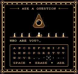 The séance board: the planchette, a row of candles, and the question WHO ARE YOU? spelled out above the letters.