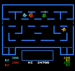 Four rangers, gold, cyan, green and red, in a dungeon with green Snarlers; four scores at the bottom