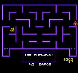 The Warlock, a red hooded figure, in a dungeon with violet walls