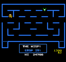 The Wisp appears; the message box says THE WISP! STOP IT!