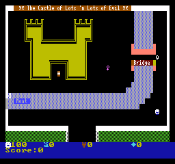 The Castle of Lots 'n Lots of Evil, with its moat and bridge