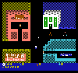 The first board of Town of ZZT: the Armory, the Bank of ZZT, and the way to the Palace
