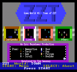 The title screen of Town of ZZT: the ZZT logo, boxes of centipedes, lions, tigers and other creatures, and a legend of items